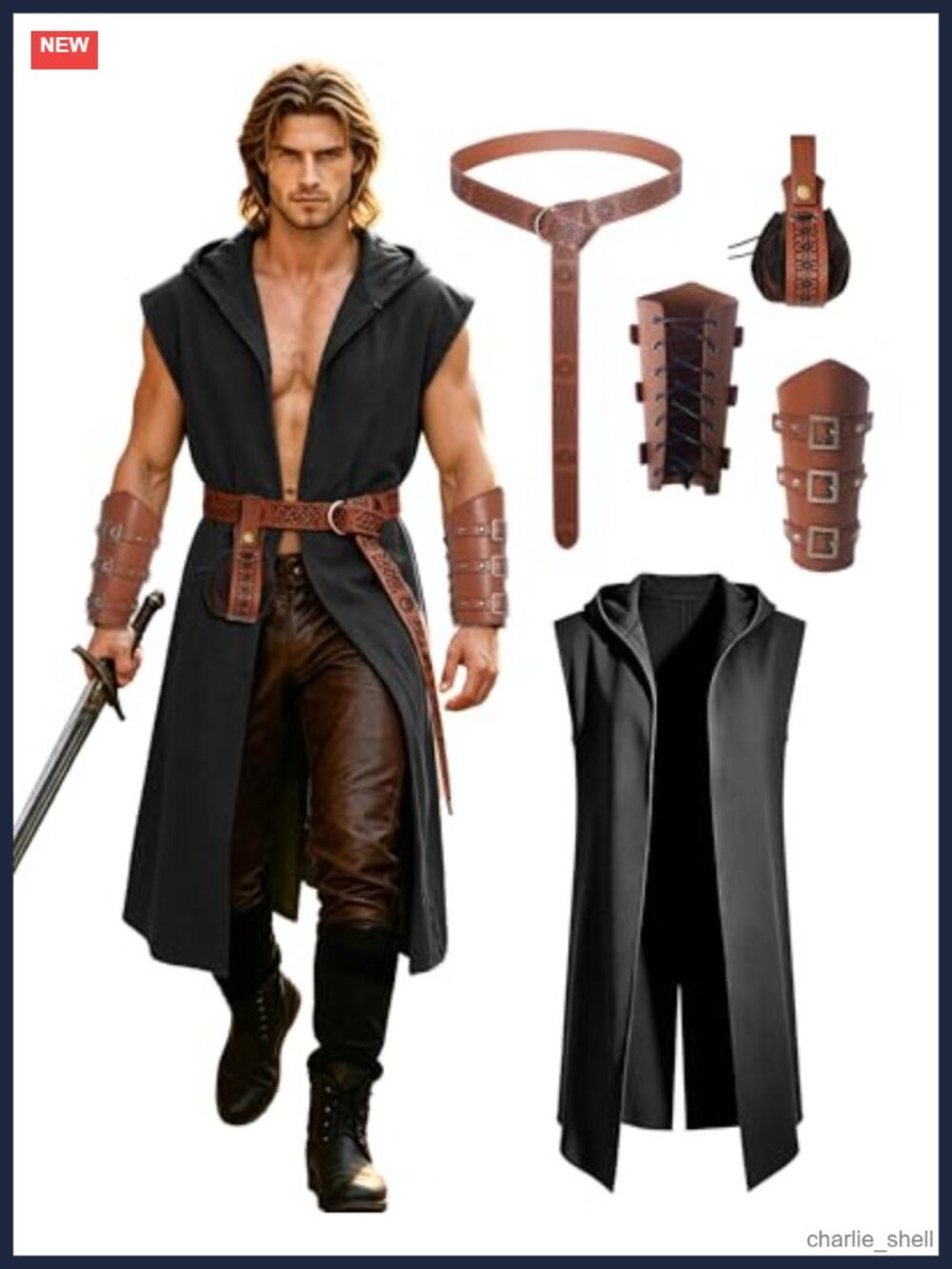 Men's Medieval Hooded Sleeveless Surcoat Renaissance Tunic Cloak Costume Set